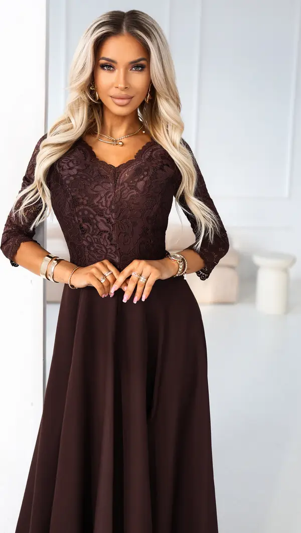 NUMOCO Елегантна дълга дантелена рокля с деколте - шоколадов цвят