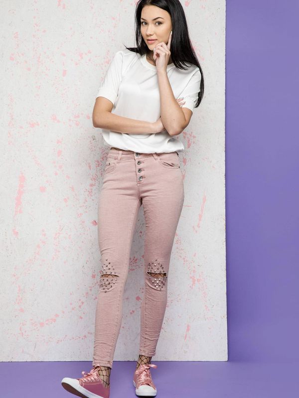 Hand Work Denim Euphora jeans decorated with cuts and rhinestones on the knees pink