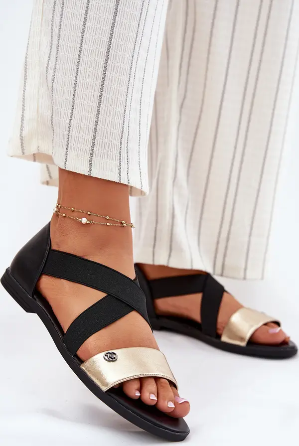 EVENTO EVENTO Дамски Плоски Сандали С Еластични Ленти Черно-Златни Marinea