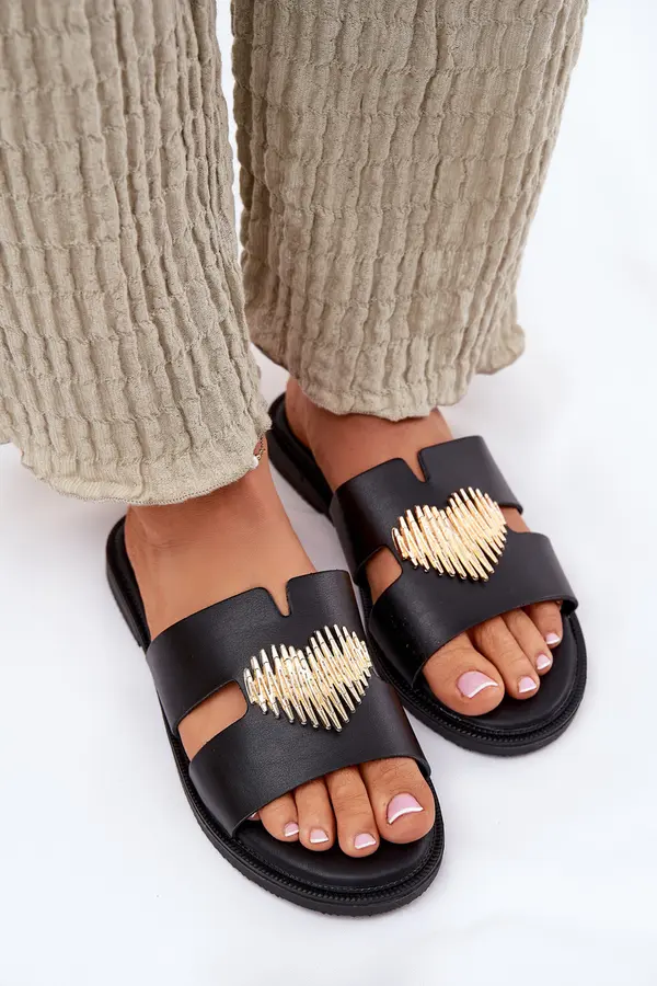 EVENTO EVENTO Дамски Сандали На Плосък Ток С Златна Декорация Черни Karinma