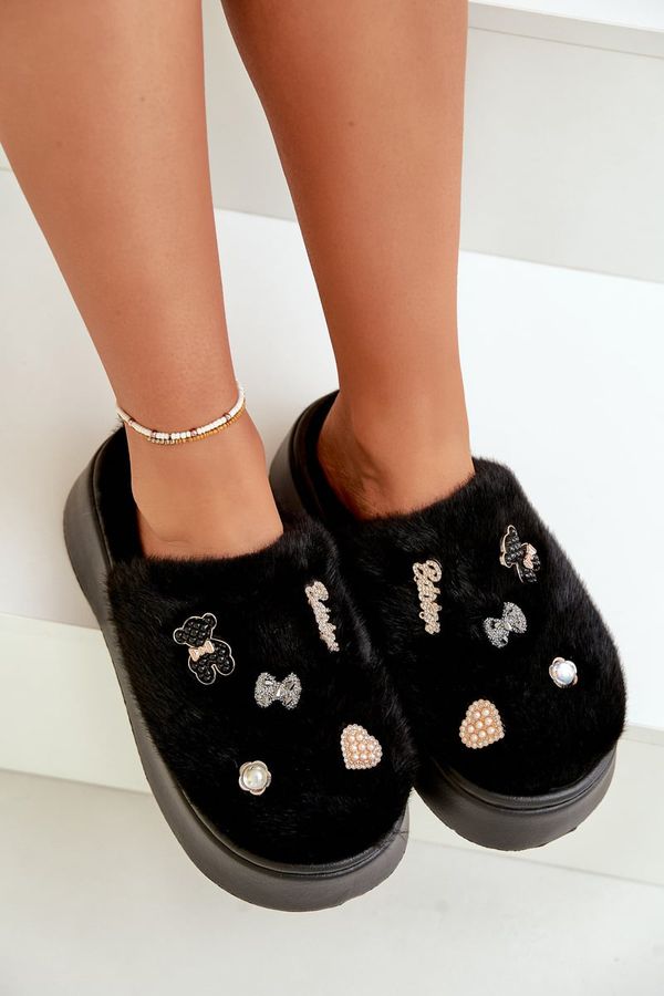 FK1 FK1 Дамски Футрени Чехли На Дебела Подметка С Прищипки Черни Зинтория