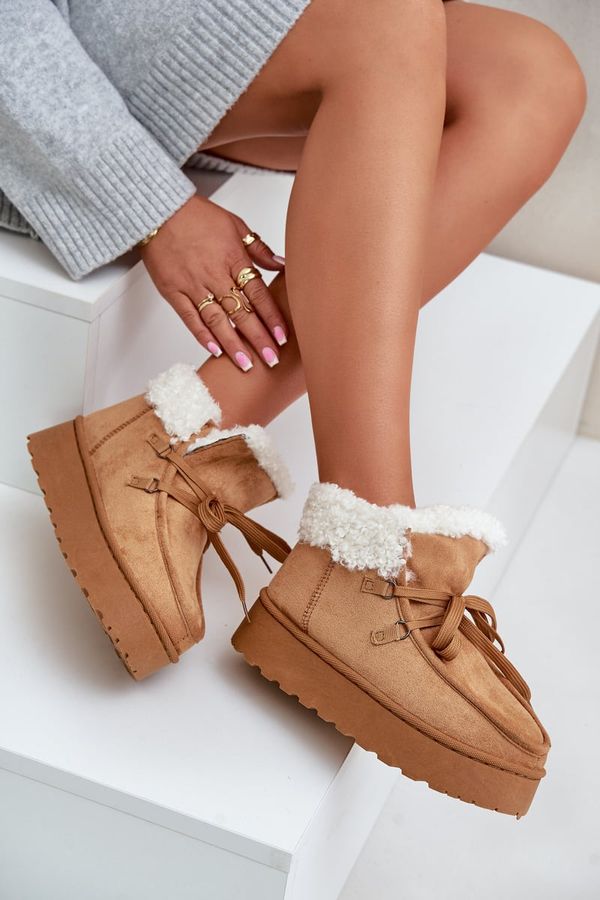 FR1 FR1 Дамски Снежни Боти На Платформа С Козина Тип Бранек Карамел Ciabellae