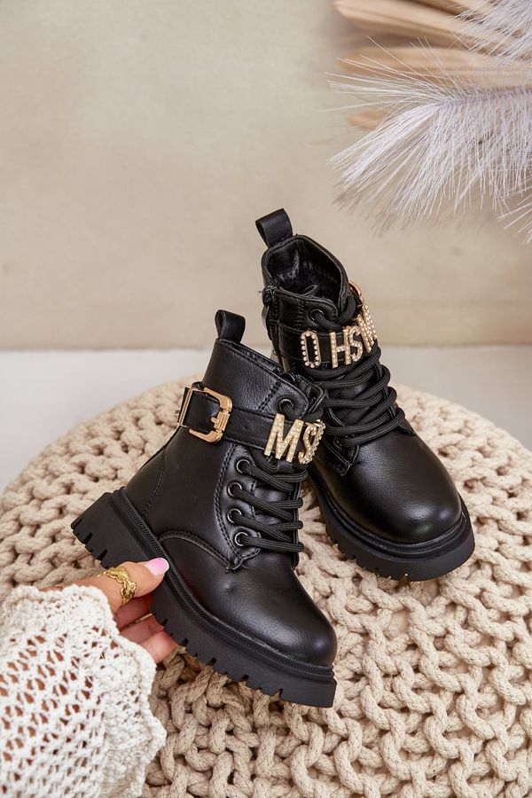 FR1 FR1 Детски ботуши от еко кожа с подплата и декоративна лента черни Gilian