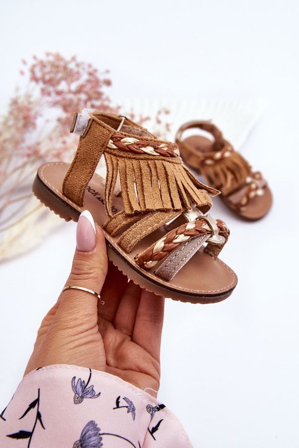 FR1 FR1 Детски велкро сандали с пискюли Кафяви Missy