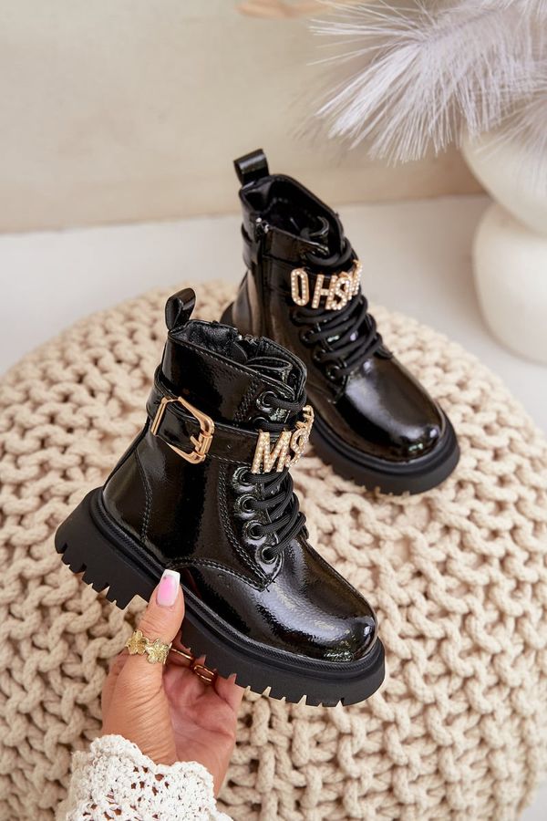 FR1 FR1 Лакирани Обувки За Момичета С Топла Вътрешност И Декоративна Лента Черни Gilian