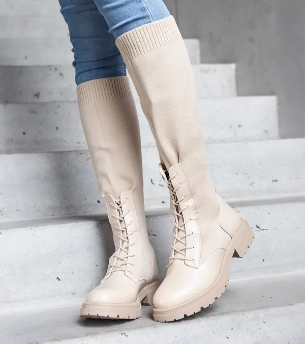 Gemre Gemre Beige slip-on boots with a stretchy fabric upper Luana