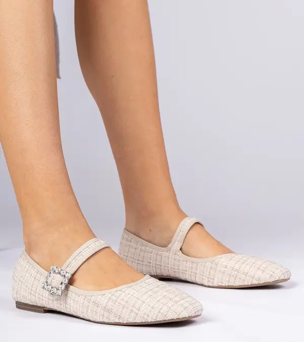 Gemre Gemre Beige Women's Ballet Flats with Buckle and Crystals Piona