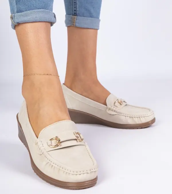 Gemre Gemre Beige Women's Wedge Loafers Sameri