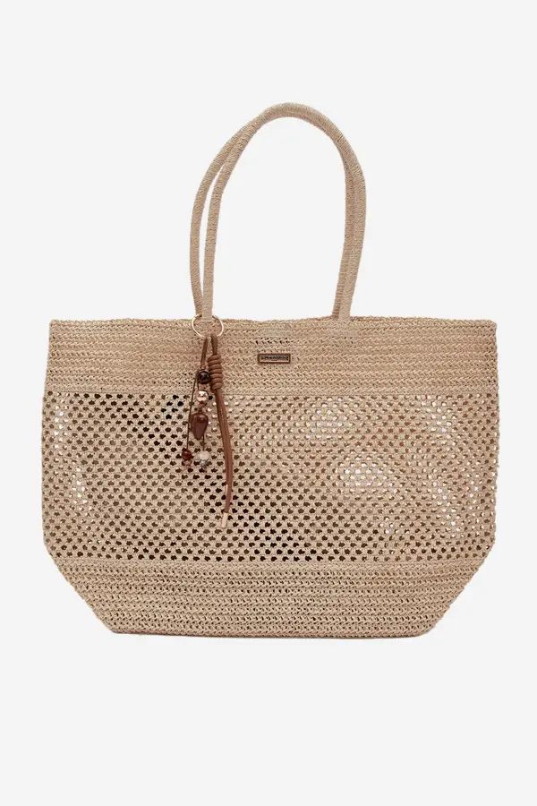 FLORA & CO Голяма плажна чанта от ракита Flora&amp;Co, светлобежова