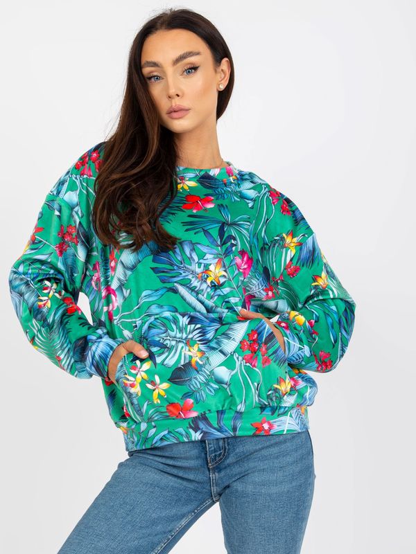 Fashionhunters Green velvet sweatshirt with print with pocket RUE PARIS
