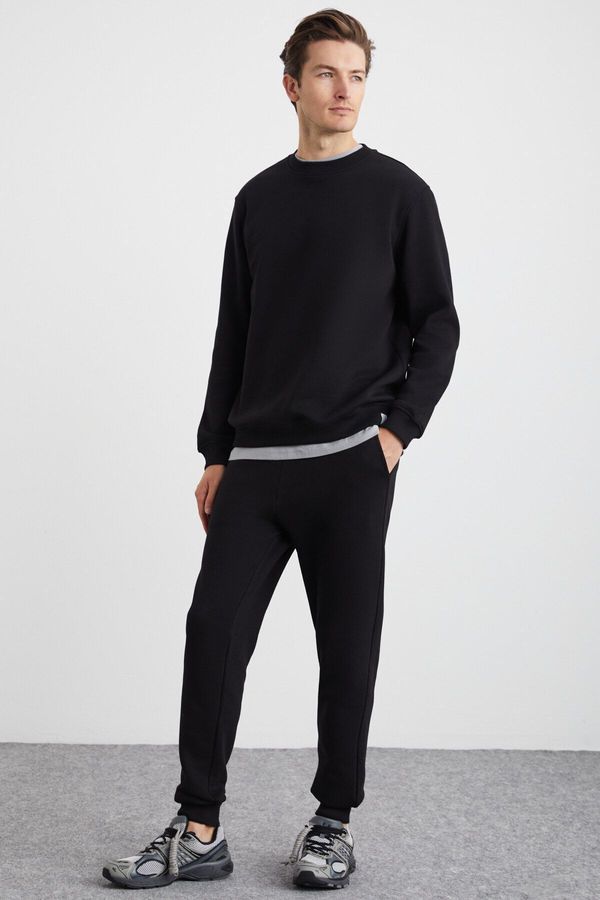 GRIMELANGE GRIMELANGE Adens Men's Regular Organic Cotton Premium Fabric Raised Elastic Leg Black Sweatpants