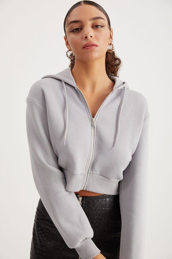 GRIMELANGE GRIMELANGE Delia Women's Crop 3 Yarn Raised Knit Relaxed Fit Zippered Hooded Gray Sweatshirt