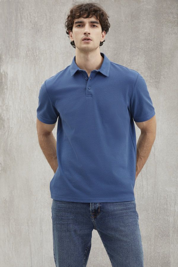 GRIMELANGE GRIMELANGE Eddie Men's Slim Fit 100% Cotton Indigo Polo Neck T-shirt