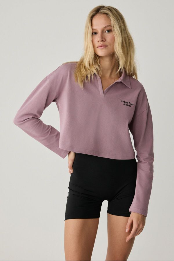 GRIMELANGE GRIMELANGE EUDORA Urbanbeat Women's Polo Collar Placket Long Sleeve Printed Detailed Dusty Rose T-Shir