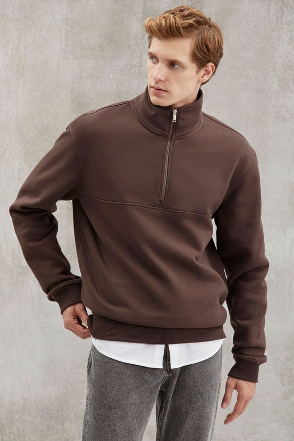 GRIMELANGE GRIMELANGE Frame Men's Half Zipper Stand Collar Soft Fabric Polar Fleece Regular Brown Sweatshirt