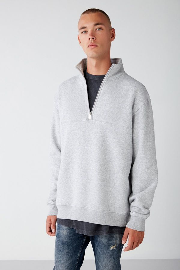 GRIMELANGE GRIMELANGE Frame Men's Half Zipper Stand Collar Soft Fabric Polar Fleece Regular Grey Melange Sweatshirt
