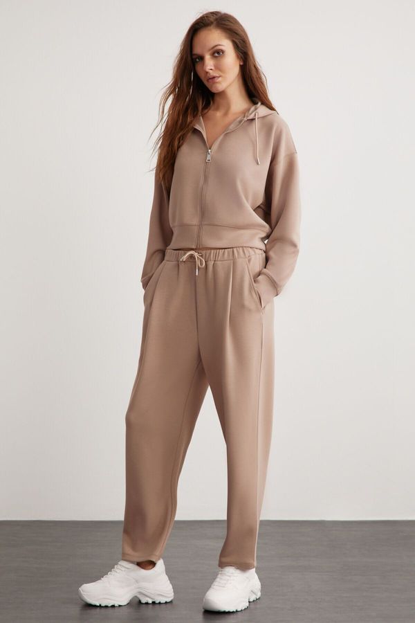 GRIMELANGE GRIMELANGE Gıada Women's Elastic Waist, Side Pocket, Short Comfortable Cuffed Mink Sweatpants