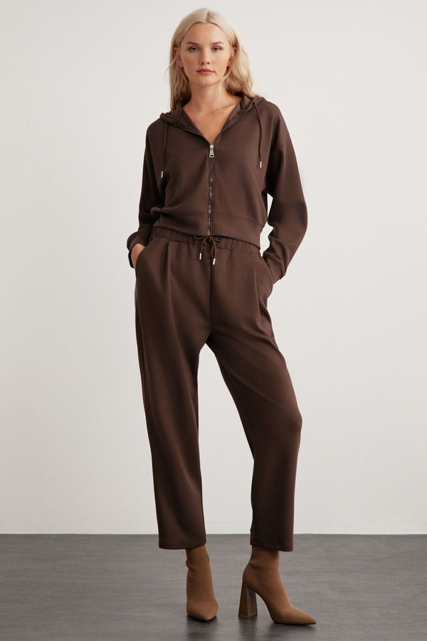 GRIMELANGE GRIMELANGE Gıada Women's Elastic Waist, Side Pocket, Short, Comfortable Leg Brown Sweatpants