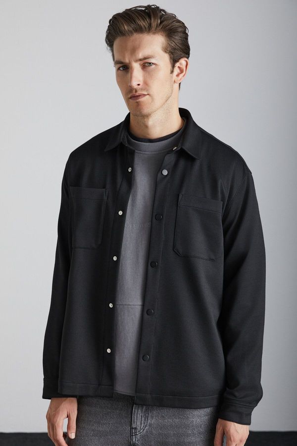 GRIMELANGE GRIMELANGE Jacquard Men's Regular Fit Standard Cut Classic Collar Patterned Snap Black Shirt