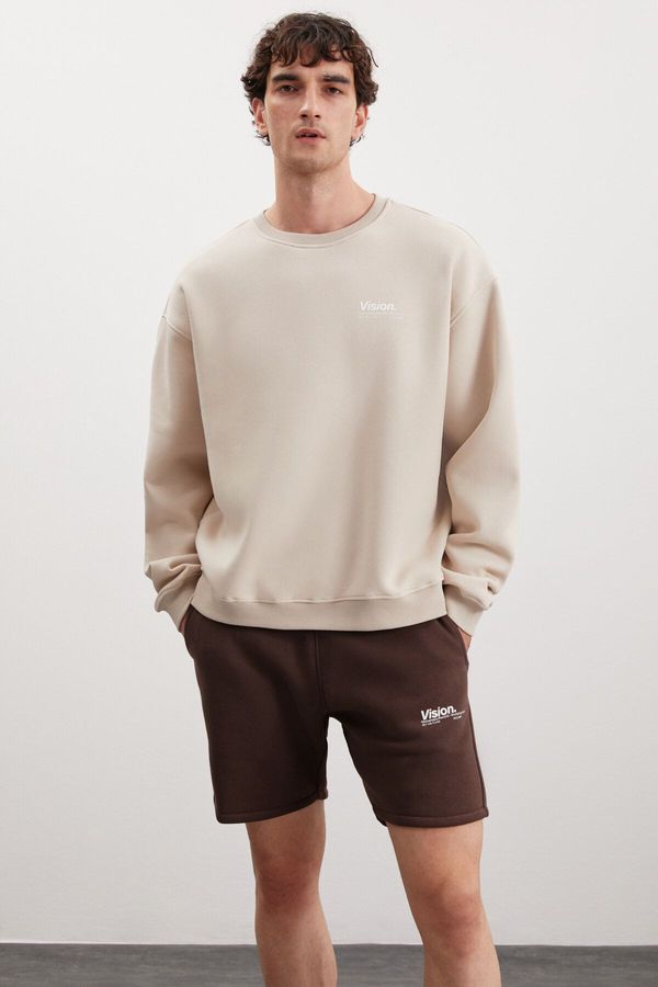 GRIMELANGE GRIMELANGE Men's Organic Cotton Soft Printed Detailed Crew Neck Fleece Inside Mink Sweatshirt