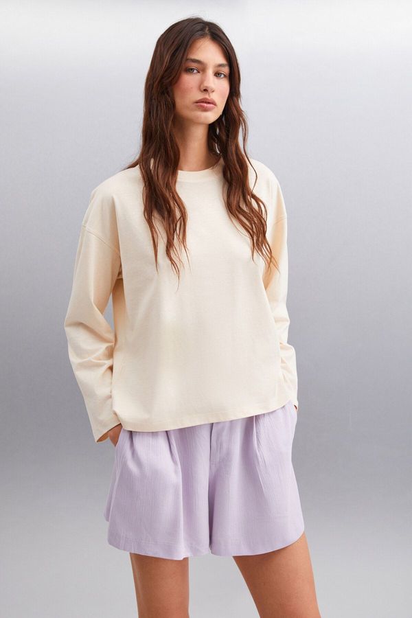 GRIMELANGE GRIMELANGE Printed Women's Back Print Detail Oversize 100% Organic Cotton Knitted Long Sleeve Beige T-shirt