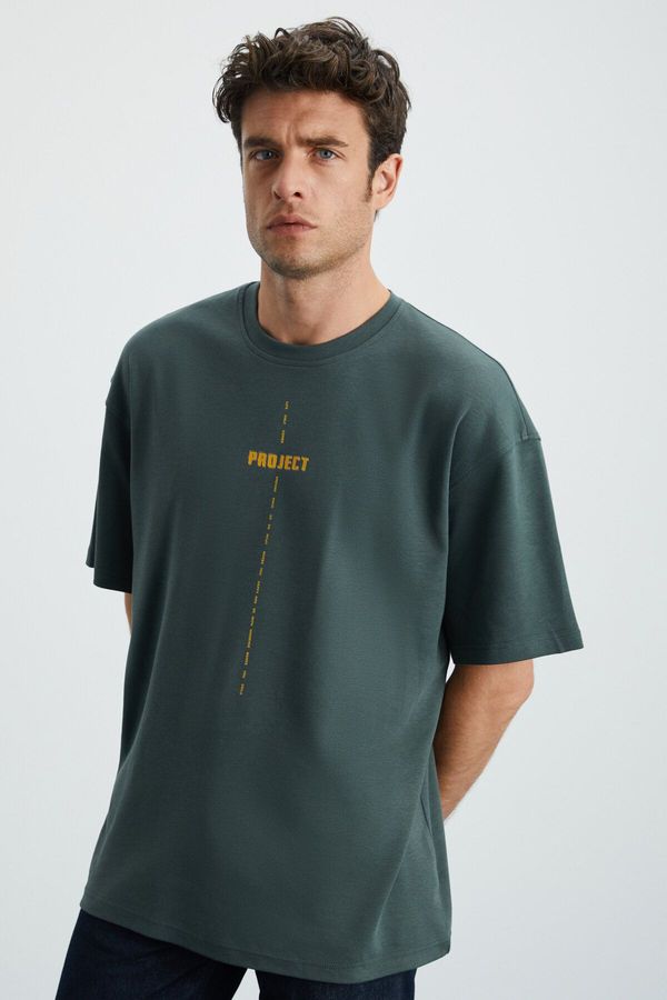 GRIMELANGE GRIMELANGE Project Men's Print Detailed Oversize Fit 100% Organic Cotton Knitted Crew Neck Knitted Green T-shir