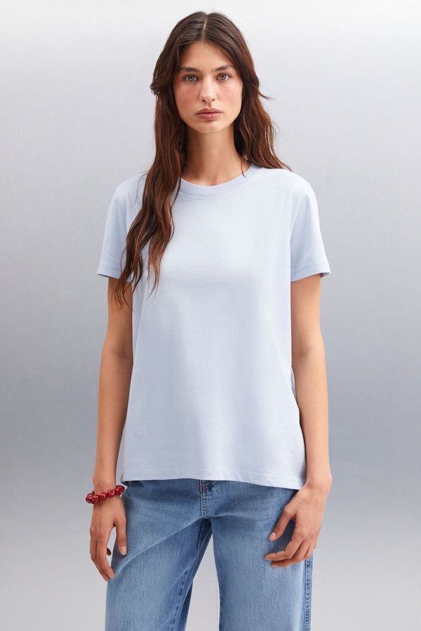 GRIMELANGE GRIMELANGE Samantha Women's 100% Organic Cotton Comfort Fit Long Back Basic Knitted Blue T-shir