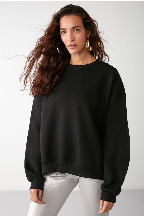 GRIMELANGE GRIMELANGE Susana Women's Crew Neck Fleece Oversize Fit Basic Black Sweatshir