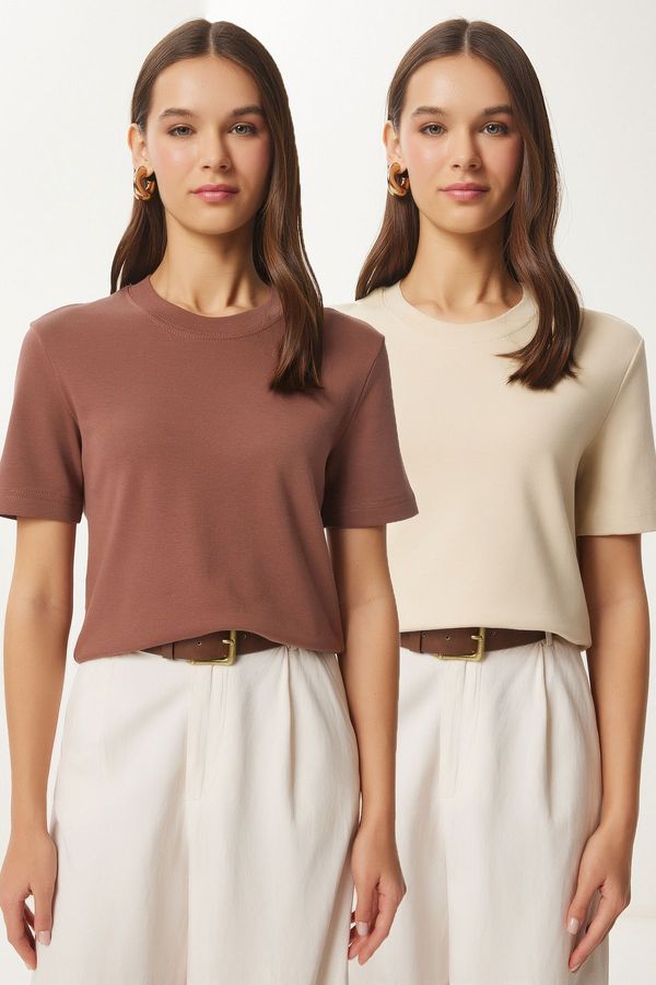 Happiness İstanbul Happiness İstanbul Woman Brown Biscuit 2-Pack Cotton Basic Knitted T-Shirt