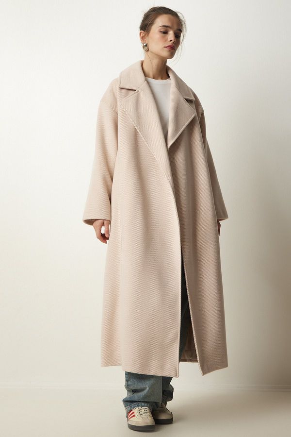 Happiness İstanbul Happiness İstanbul Women Beige Premium Double Breasted Collar Woolen Long Cachet Coat