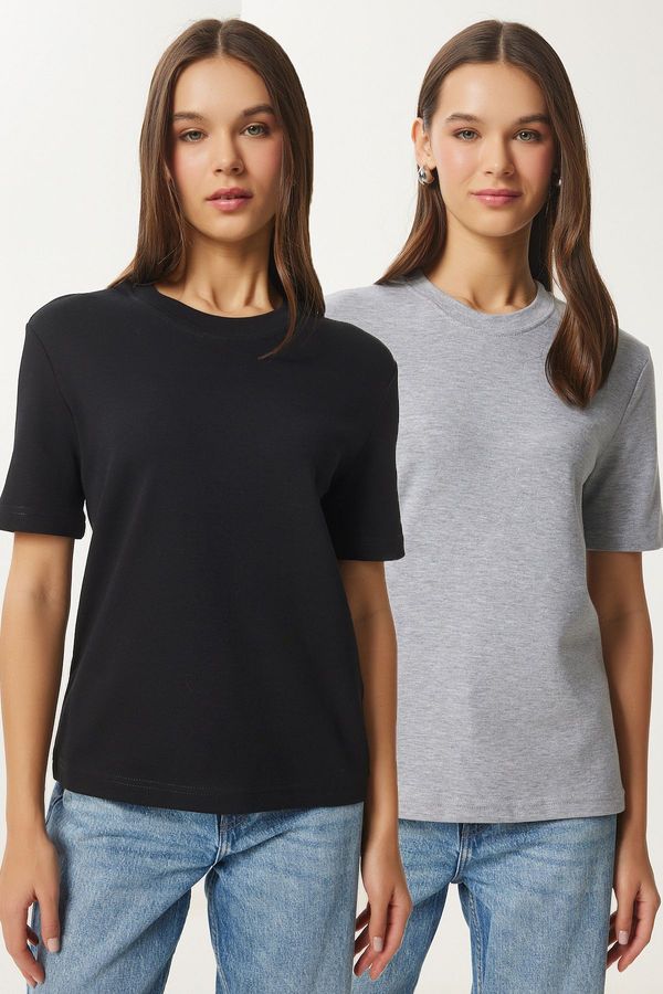 Happiness İstanbul Happiness İstanbul Women Black Grey Melange 2-Pack Cotton Basic Knitted T-Shirt