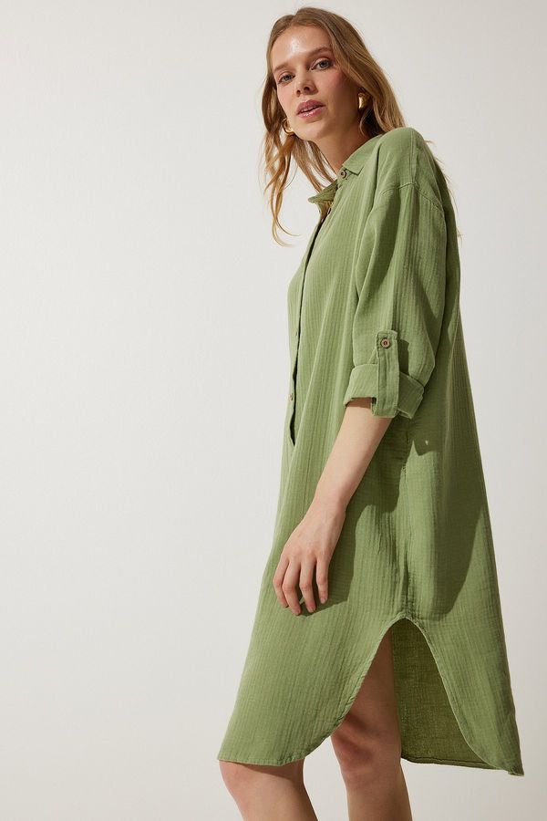 Happiness İstanbul Happiness İstanbul Women's Almond Green Oversize Muslin Shirt Dress