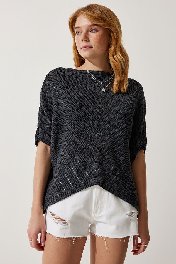 Happiness İstanbul Happiness İstanbul Women's Anthracite Openwork Bat Knitwear Blouse