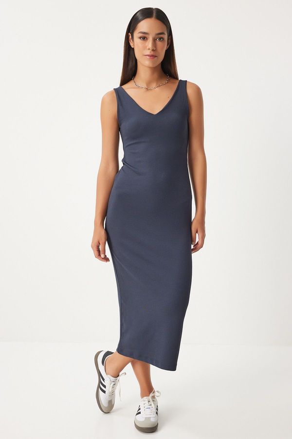Happiness İstanbul Happiness İstanbul Women's Anthracite Strap V-Neck Corded Knitted Dress