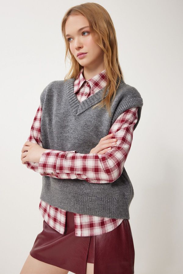 Happiness İstanbul Happiness İstanbul Women's Anthracite V-Neck Knitted Sweater