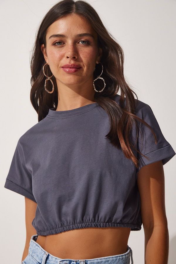 Happiness İstanbul Happiness İstanbul Women's Anthracite Waist Elastic Crop T-Shirt