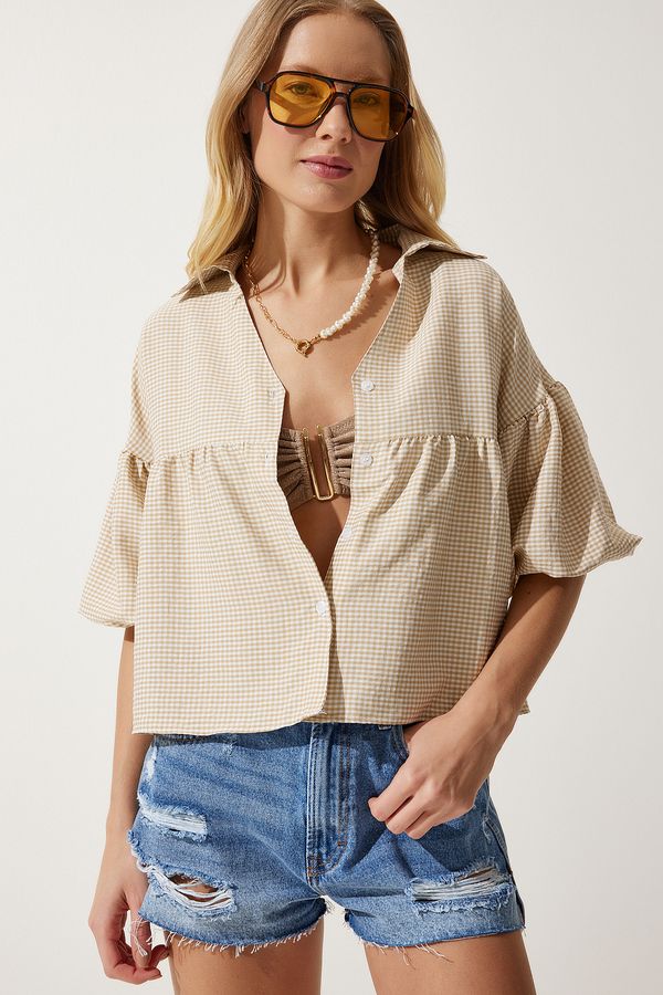 Happiness İstanbul Happiness İstanbul Women's Beige Balloon Sleeve Gingham Woven Shirt