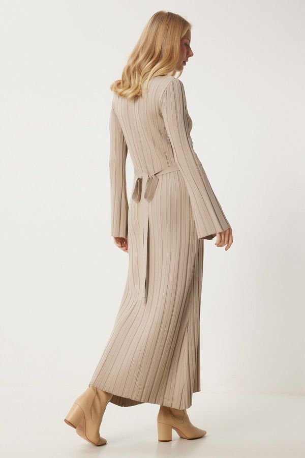 Happiness İstanbul Happiness İstanbul Women's Beige Belted Ribbed Long Knit Dress