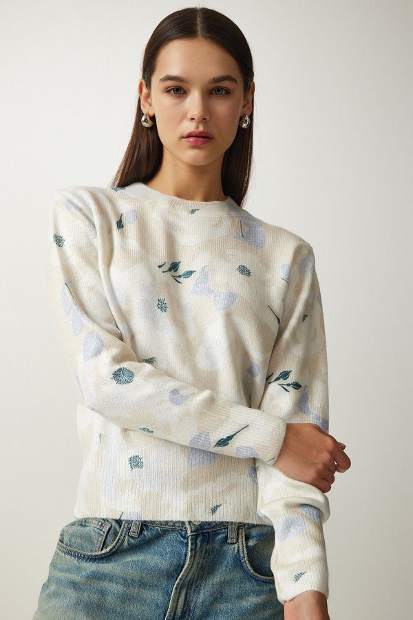 Happiness İstanbul Happiness İstanbul Women's Beige Blue Patterned Soft Textured Knitwear Sweater