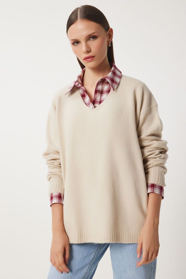 Happiness İstanbul Happiness İstanbul Women's Beige V-Neck Knitwear Sweater