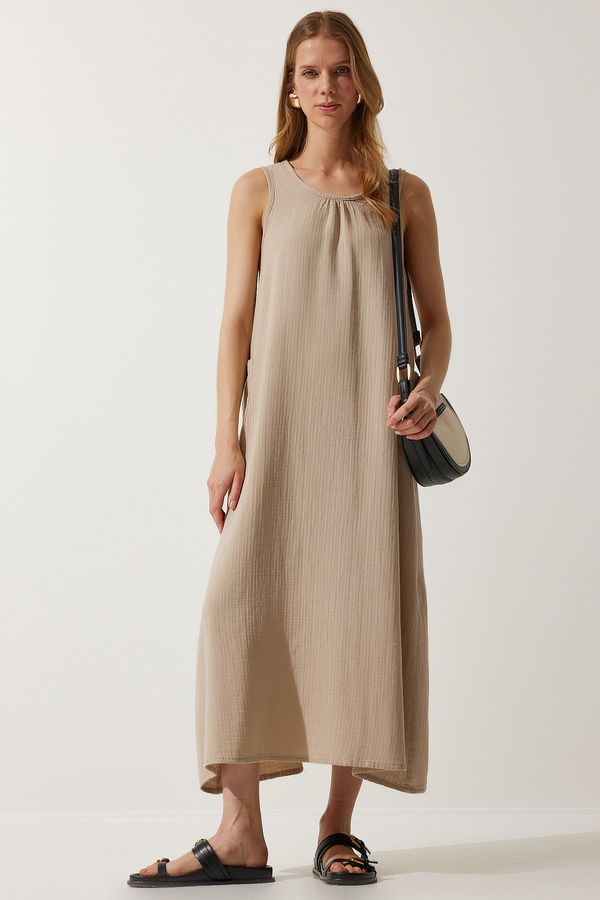Happiness İstanbul Happiness İstanbul Women's Beige Wide Pocket Summer Muslin Dress