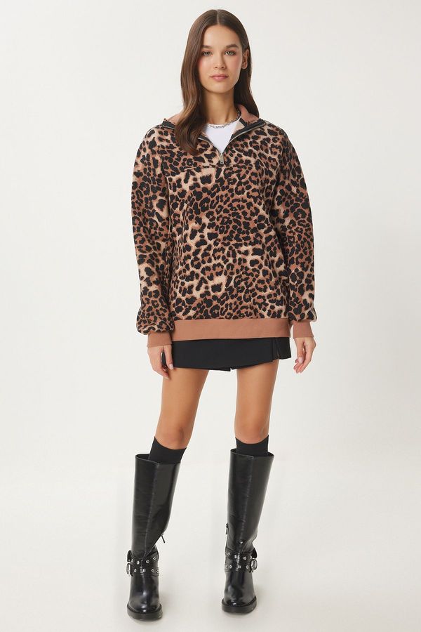 Happiness İstanbul Happiness İstanbul Women's Biscuit Black Leopard Patterned Stand Collar Raised Sweatshirt