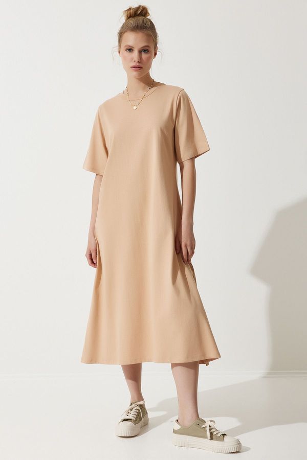 Happiness İstanbul Happiness İstanbul Women's Biscuit Crew Neck Loose Comfortable Combed Cotton Dress