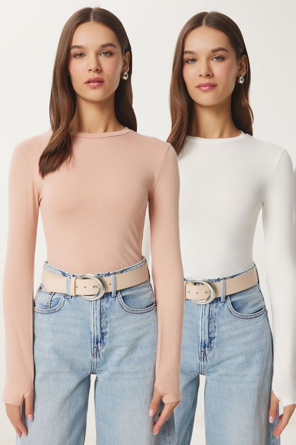 Happiness İstanbul Happiness İstanbul Women's Biscuit Ecru 2 Pack Crew Neck Basic Knitted Blouse