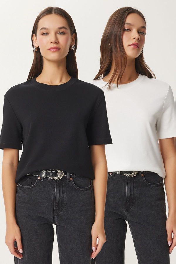 Happiness İstanbul Happiness İstanbul Women's Black and White 2-Pack Cotton Basic Knitted T-Shirt
