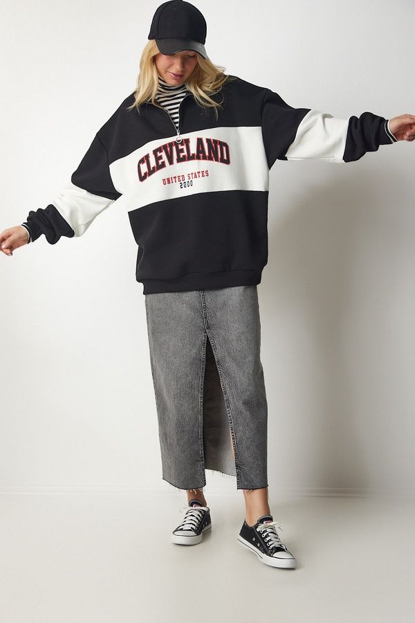 Happiness İstanbul Happiness İstanbul Women's Black and White Color Block Print Oversized Sweatshirt