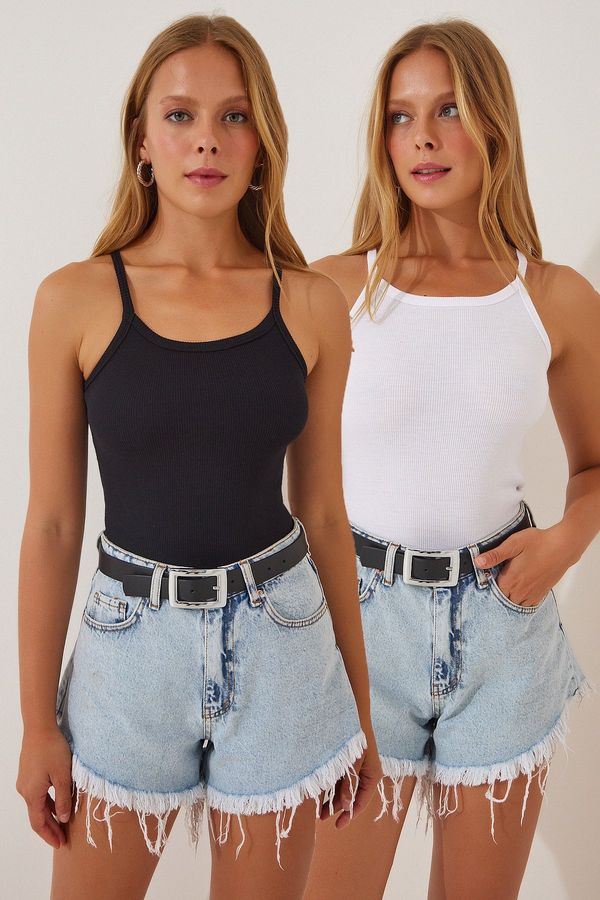 Happiness İstanbul Happiness İstanbul Women's Black and White Corduroy Crop Halter Collar Double Knit Single Singlet