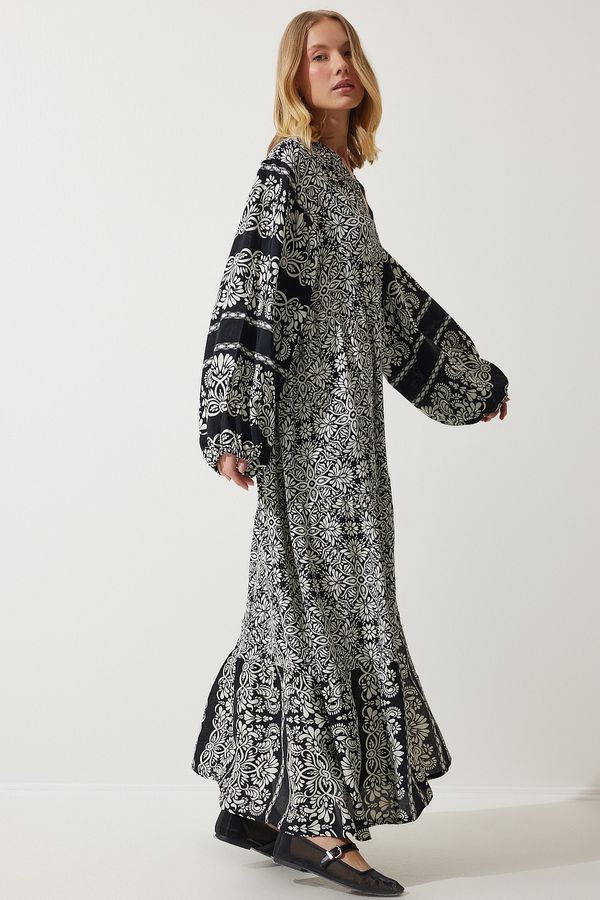 Happiness İstanbul Happiness İstanbul Women's Black and White Floral Balloon Sleeve Long Viscose Shirt Dress