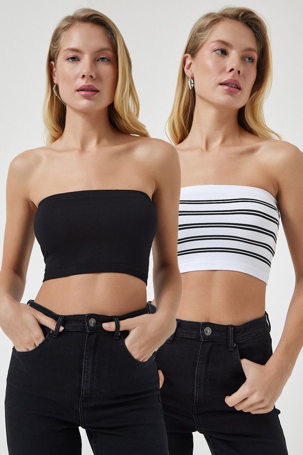 Happiness İstanbul Happiness İstanbul Women's Black and White Strapless Knitted 2-Pack Bustier