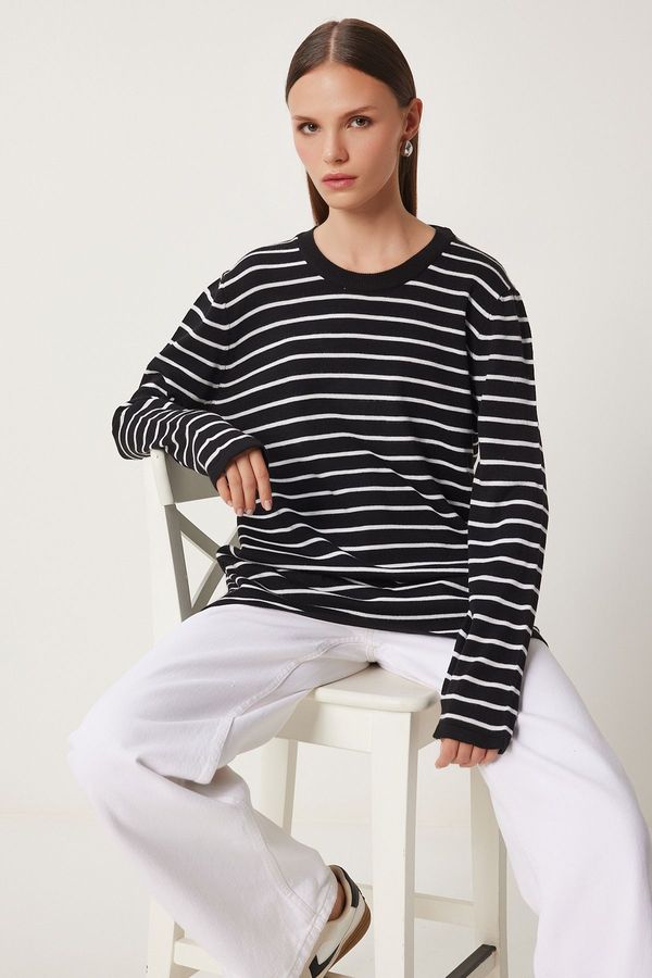 Happiness İstanbul Happiness İstanbul Women's Black and White Striped Seasonal Knitwear Sweater